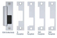 HES 1500C Electric Strike — product family shot showing 1500 strike body with four interchangeable faceplates: 1J, 1K, 1KD, and 1KM, in Satin Stainless finish