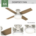 Hunter 44" 4 Blade Dempsey Low Profile Damp Rated Ceiling Fan with LED Light Kit and Handheld Remote