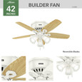 Hunter 42" 5 Blade Builder Low Profile Ceiling Fan with LED Light Kit and Pull Chain