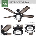 Hunter 54" 5 Blade Key Biscayne Bengal Damp Rated Ceiling Fan with LED Light Kit and Pull Chain
