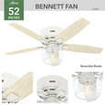 Hunter 52" 5 Blade Bennett Low Profile Ceiling Fan with LED Light Kit and Handheld Remote