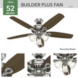 Hunter 52" 5 Blade Builder Ceiling Fan with LED Light Kit and Pull Chain (3 Bulb)