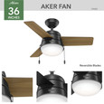 Hunter 36" 3 Blade Aker Ceiling Fan with LED Light Kit and Pull Chain