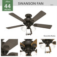 Hunter 44" 5 Blade Swanson Ceiling Fan with LED Light Kit and Pull Chain (3 Bulbs)