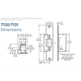 Adams Rite 7130 and 7131 electric strike dimensions drawing: faceplate 1-1/4" x 6-7/8", body depth, radius face detail, and standard unit fitting dim A up to 1-5/16" with mounting brackets furnished