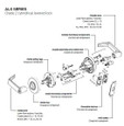 Schlage ALX Series Grade 2 cylindrical lock exploded parts diagram labeling outside lever, chassis assembly, outside rose, inside spring cage, inside functional components, inside rose, inside lever, reversible latches, and ANSI strike