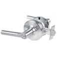 Schlage ALX40 Grade 2 cylindrical privacy lock shown in satin chrome finish with tubular-style lever, latch, and strike plate — front three-quarter view