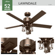 Hunter 52" 5 Blade Lawndale Damp Rated Ceiling Fan with LED Light Kit and Pull Chain