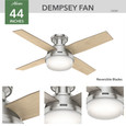 Hunter 44" 4 Blade Dempsey Low Profile Ceiling Fan with LED Light Kit and Handheld Remote