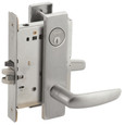 Schlage L9080 07 Lever Mortise Storeroom Lock in Satin Chrome with Cast/Forged Escutcheon trim, showing mortise case, keyed cylinder, and 07 lever — front three-quarter view