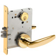 Schlage L9080 07 Lever Mortise Storeroom Lock in Bright Brass (605), showing mortise case, keyed cylinder, 07 lever handle, and wrought rose — front three-quarter view