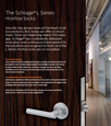 Schlage L Series mortise lock marketing overview — text panel describing proven technology and comprehensive offering, with in-use door hardware lifestyle photo