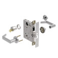 Schlage L9453 03 lever mortise lock - exploded view showing mortise case, single cylinder, 03 lever, wrought rose, and satin chrome 626 finish components