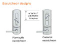 Schlage CS210 escutcheon options: Plymouth escutcheon (used on this listing) versus Camelot escutcheon, with 4-inch to 5.5-inch adjustable door prep callout