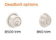Schlage CS210-B500 deadbolt trim options diagram comparing B500 trim (round rose) and B60 trim (knob-style rose)