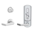 Schlage CS210-B500 Grade 2 interconnected lockset components view showing exterior escutcheon with lever, B500 deadbolt cylinder, and interior escutcheon in satin chrome finish