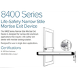 Adams Rite 8400 Series Life-Safety Narrow Stile Mortise Exit Device – product overview infographic showing certifications (UL 305, ANSI/BHMA A156.3 Grade 1) and narrow stile aluminum door application diagram
