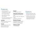 Adams Rite 3090 eForce features and options specification sheet showing keypad material, operating temperatures, housing dimensions, standard package contents, and available finishes