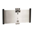 Trimco 1069L ADA Pocket Door Pull Passage/Latching Function – front view, satin stainless steel finish, assembled unit with black Delrin grips