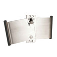 Trimco 1069FP ADA pocket door pull, angled rear view showing latch bolt mechanism and mounting plate, Satin Stainless Steel finish (630)
