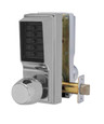 Dormakaba Simplex EE1000 Series Back-to-Back Mechanical Pushbutton Lock with Cylindrical Knob, 626 Satin Chrome finish, alternate angle showing numbered keypad buttons and knob detail - Entry/Egress configuration