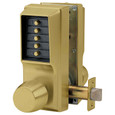 Dormakaba Simplex EE1000 Series Back-to-Back Mechanical Pushbutton Lock with Cylindrical Knob, 605 Bright Brass finish, showing keypad face, knob, and extended latch bolt - Entry/Egress configuration