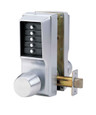 Dormakaba Simplex EE1000 Series Back-to-Back Mechanical Pushbutton Lock with Cylindrical Knob, 626 Satin Chrome finish, showing keypad, knob, and extended latch bolt - Entry/Egress configuration