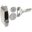 Dormakaba Simplex 7100 Series Auxiliary Pushbutton Lock with Thumbturn – exploded view showing pushbutton body, thumbturn rosette, strike plate, and adjustable latch in Satin Chrome