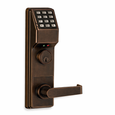 Alarm Lock T2 Series Electronic Exit Trim with Keypad in US10B Oil Rubbed Bronze finish, three-quarter view showing keypad, rim cylinder, and lever handle