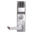 Alarm Lock T2 Series Electronic Exit Trim with Keypad in US26D Satin Chrome finish, front view showing 12-button keypad, rim cylinder, and straight lever handle with rim cylinder adapter kit
