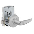 Schlage ND40S Grade 1 privacy cylindrical lock, rear three-quarter view showing latch assembly and chassis, 626 Satin Chrome finish