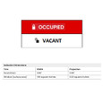 Schlage ND40S Vacant/Occupied indicator detail showing OCCUPIED (red) and VACANT states with dimensions: escutcheon 3.66 in wide x 0.95 in projection, window surface area 1.92 square inches