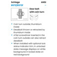 Schlage B572 ANSI specification diagram showing coin turn outside and thumbturn inside configuration with feature callouts for deadbolt operation and lock status indicator behavior