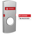 Schlage 47804351 L Series retrofit indicator kit shown in satin chrome finish, displaying LOCKED status with red indicator window, alongside LOCKED/UNLOCKED label detail