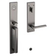 Baldwin 85392 Minneapolis Full Escutcheon Handleset Emergency Egress with 5162 Lever in Graphite Nickel finish — exterior grip and interior lever shown on white background
