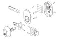 Dormakaba RD01 InSync Deadbolt Lock – exploded diagram showing all included components: exterior escutcheon, interior escutcheon, latch bolt assembly, strike plate, batteries, and mounting screws