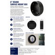 BEA 10BOX6RNDSM 6 in. round surface mount box spec sheet showing dimensions, compatibility list, and installation example