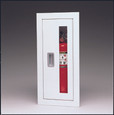 Larsens 2409R Architectural Series Fire Extinguisher Cabinet, vertical duo door with recessed handle, white steel, angled view showing depth, 10 lb capacity
