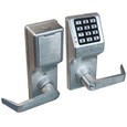 Alarm Lock Trilogy DL4100 Grade 1 Electronic Cylindrical Lock with Privacy Function and Keypad — Satin Chrome (US26D), outside and inside views