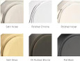 Emtek EMPowered 2 available finish swatches: Satin Nickel, Polished Chrome, Polished Nickel, Satin Brass, Oil Rubbed Bronze, Flat Black