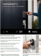 Emtek EMPowered 2 smart lock lifestyle image showing keypad entry in use on a front door, with Yale Access App feature callouts and Wi-Fi module detail
