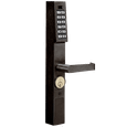 Alarm Lock DL1200 Narrow Stile Electronic Pushbutton Exit Device Trim in Oil Rubbed Bronze (US10B) — angled view showing keypad, lever handle, and key cylinder