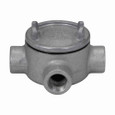 Crouse-Hinds Eaton series Condulet GUA conduit outlet box with cover, 3" cover opening diameter, Feraloy iron alloy, T shape, 3/4"