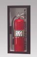 Larsens Gemini Series 24096 Fire Extinguisher Cabinet shown loaded with a 10 lb fire extinguisher, black frame with clear acrylic door open, wall-mounted installation view
