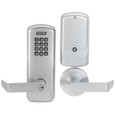 Schlage CO-100 Standalone Electronic Cylindrical Lock with Keypad Reader, Office Function — front and rear view showing keypad exterior, interior escutcheon, and Sparta lever in Satin Chrome finish