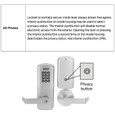 Schlage CO-100 Privacy Function (40) diagram — lockset is normally secure, inside lever allows free egress, interior pushbutton activates and deactivates privacy mode; privacy button callout shown