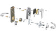 Schlage CO-100 cylindrical lock exploded-parts diagram showing all internal and external components including chassis, keypad housing, lever, spindle, latch, and strike