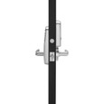 Schlage CO-100 cylindrical lock side-profile view showing lock installed through door edge, exterior keypad and interior lever visible, Satin Chrome finish