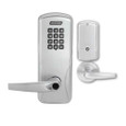 Schlage CO-100 standalone electronic mortise lock with keypad reader, satin chrome finish, Latitude lever — front and interior side view showing keypad unit, lever, and interior trim