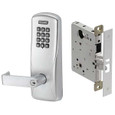 Schlage CO-100 Standalone Electronic Mortise Lock with keypad reader and privacy function, shown with mortise lock body — satin chrome finish